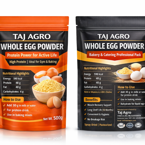 Taj Agro No.1 Whole Egg Powder manufacturer, supplier and exporter in India, FSSAI and Halal approved spray-dried egg powder packaging in 250g, 500g, 2.5kg, 5kg and 10kg standee pouches for B2B, B2C and D2C markets.