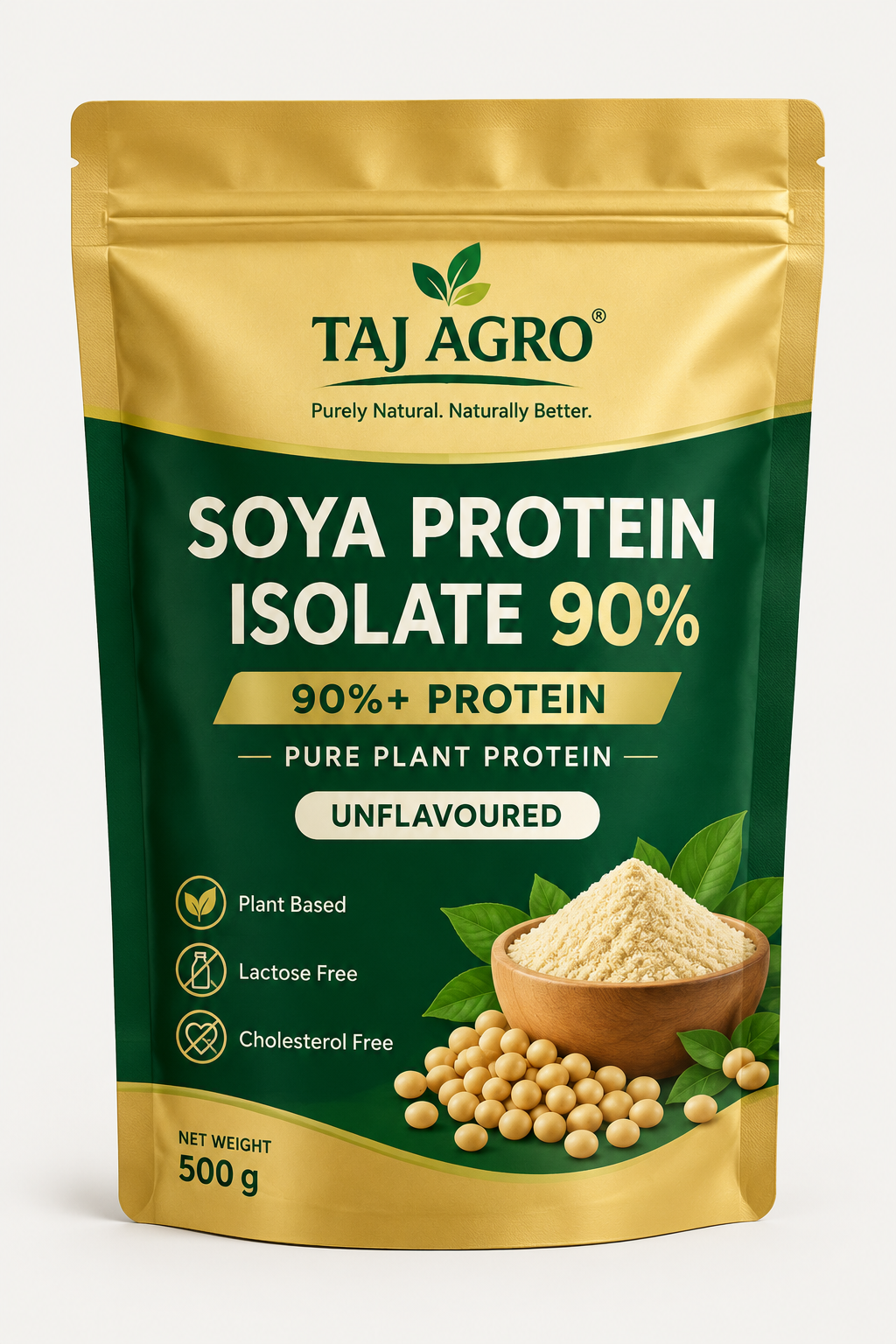 Taj Agro Soya Protein Isolate 90% 500 g standee pouch – plant-based protein powder for fitness and everyday nutrition