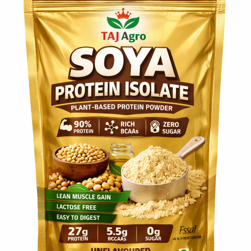 Taj Agro Soya Protein Isolate 90% is a high-purity, plant-based protein powder manufactured for food, sports nutrition, and functional food applications. Rich in essential amino acids, low in fat and carbohydrates, and suitable for vegan and vegetarian diets.