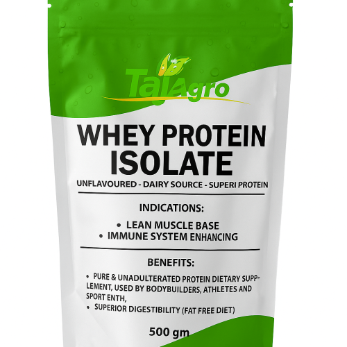 Buy Taj Agro Whey Protein Isolate 90% – pure, unflavored or flavored, gluten-free, non-GMO, high BCAA protein supplement for muscle gain. FSSAI certified. Bulk, private label & export available.
